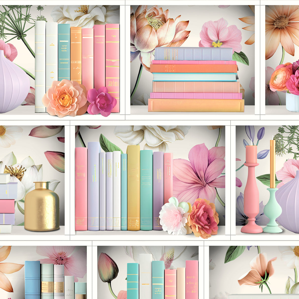 Blossom Shelves Multi wallpaper roll with pastel books and florals on white shelves