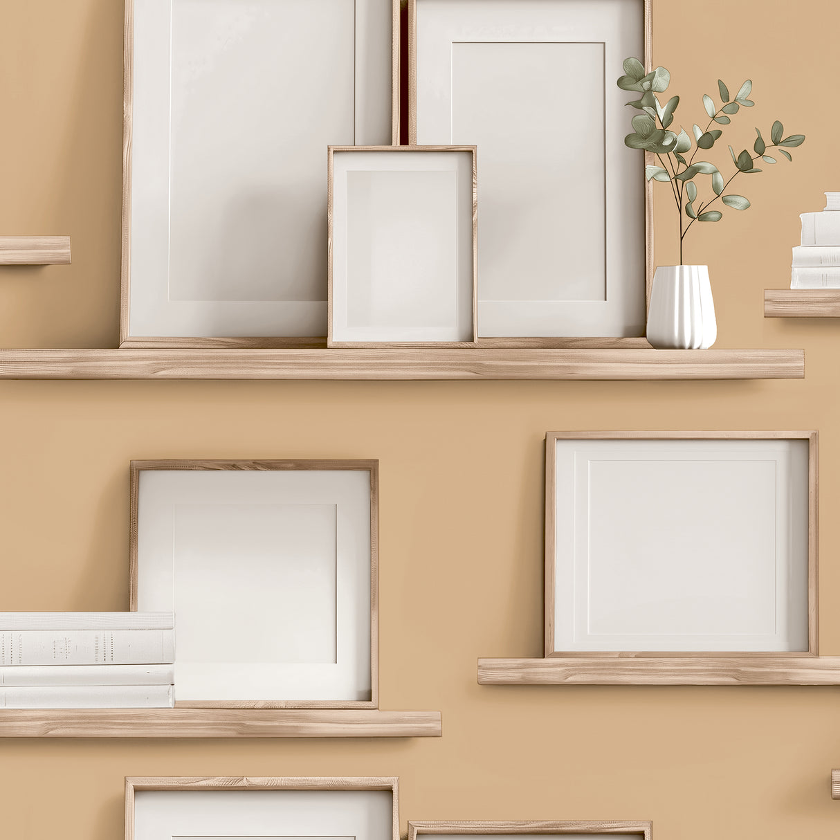 Frame Shelves Mustard wallpaper roll with trompe l'oeil shelves, frames, books, and vase on mustard background