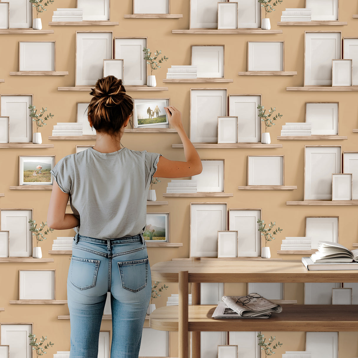Frame Shelves Mustard by Veer Decor Novelty Wallpaper – 8196-AG1