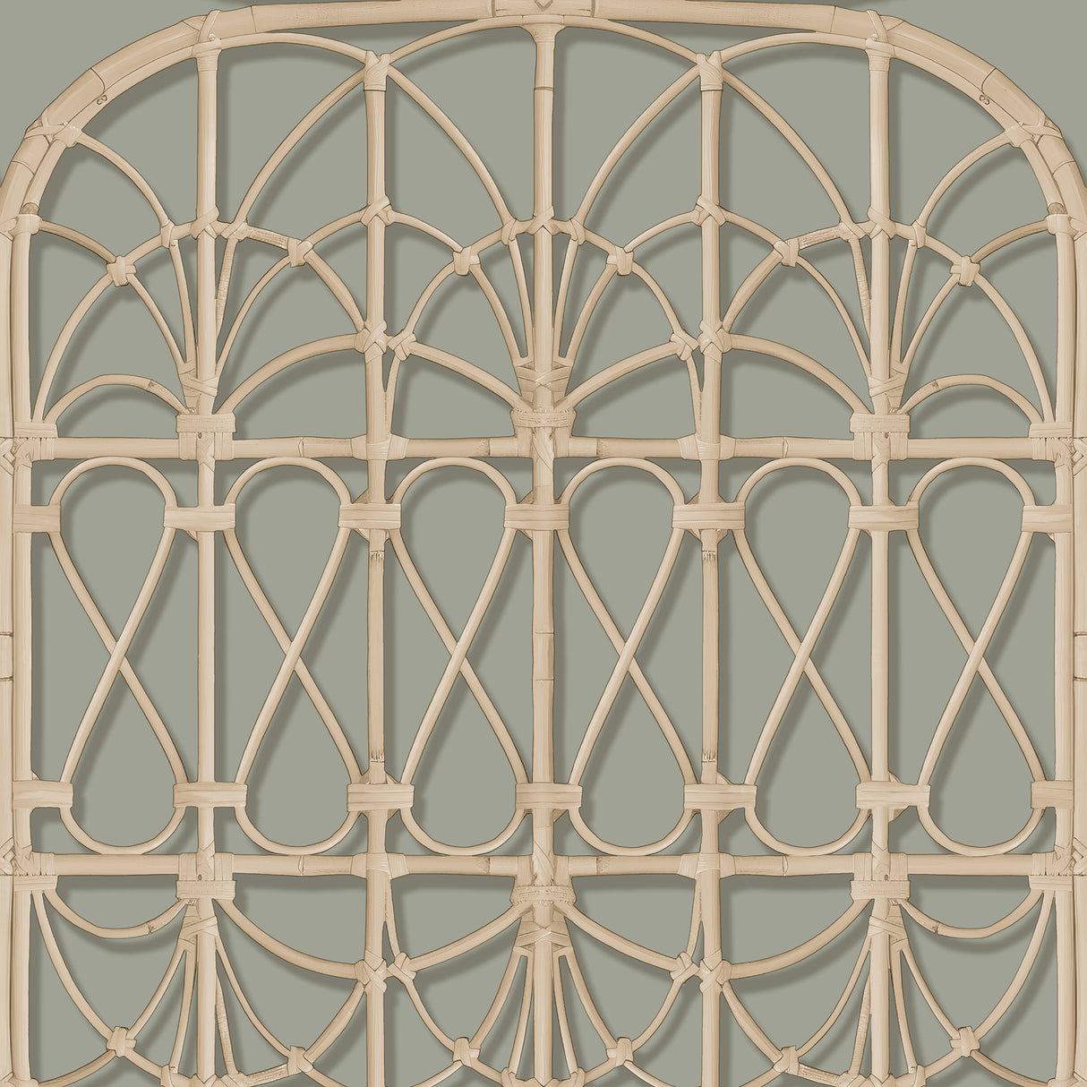 Lattice Rattan Panels Grey wallpaper with arched rattan trellis motif on grey background