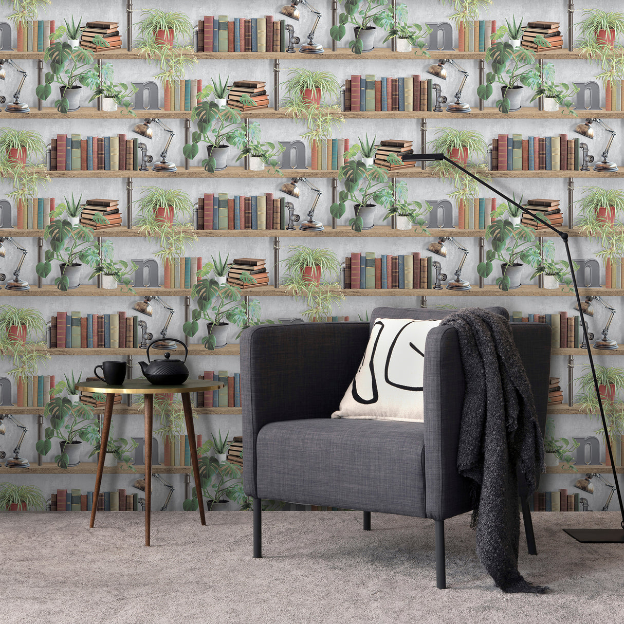 Industrial Book Nook Grey by Veer Decor Novelty Wallpaper – Veer Decor 8196-AK2