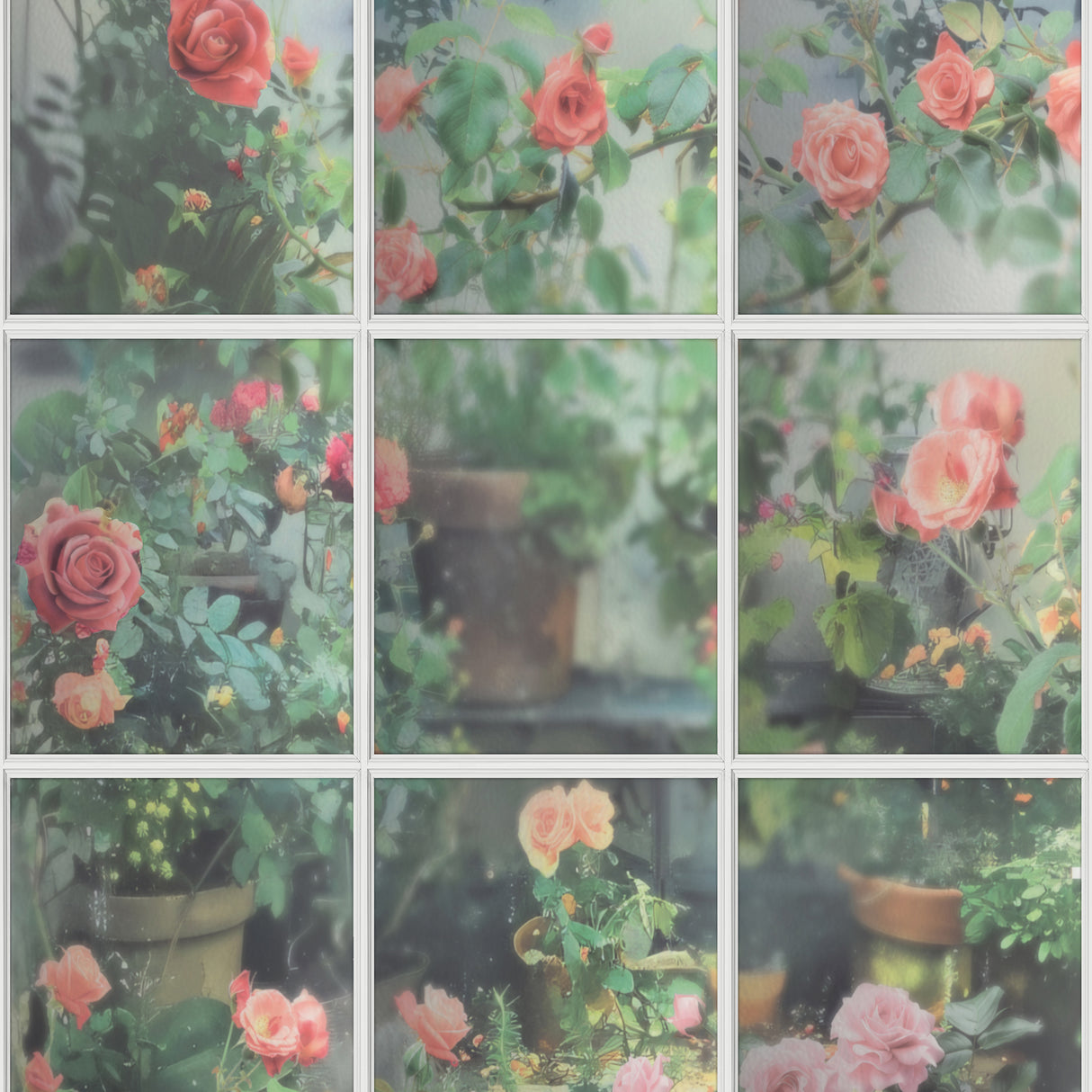 Rose Garden Window trompe l’oeil floral green wallpaper roll and room view