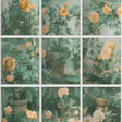 Rose Garden Window trompe l'oeil floral wallpaper roll with orange roses viewed through window panes