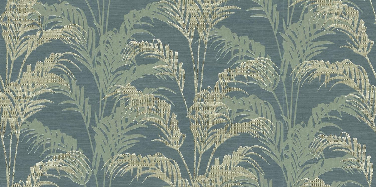 Advantage Rattan Teal Palm wallpaper roll and bathroom room scene