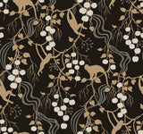 Linden Black Jungle Canopy Wallpaper pattern with metallic gold detailing