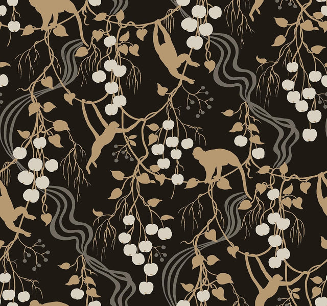 Linden Black Jungle Canopy Wallpaper pattern with metallic gold detailing