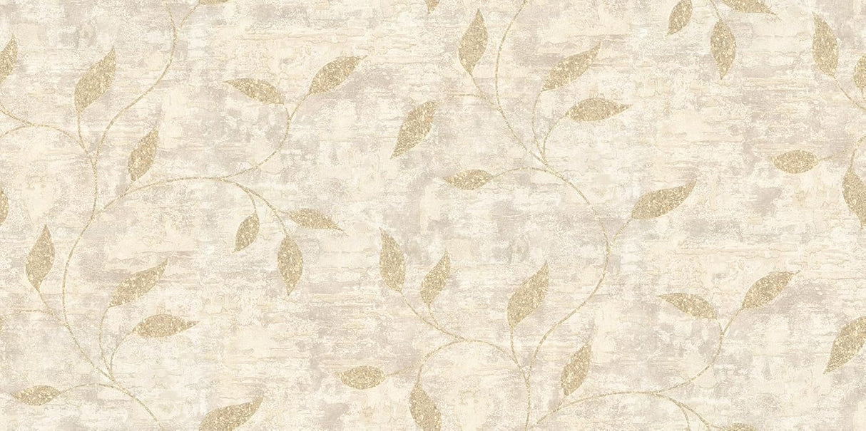 Stonewall Neutral Vine wallpaper in neutral with trailing vines pattern; roll detail and installed kitchen scene