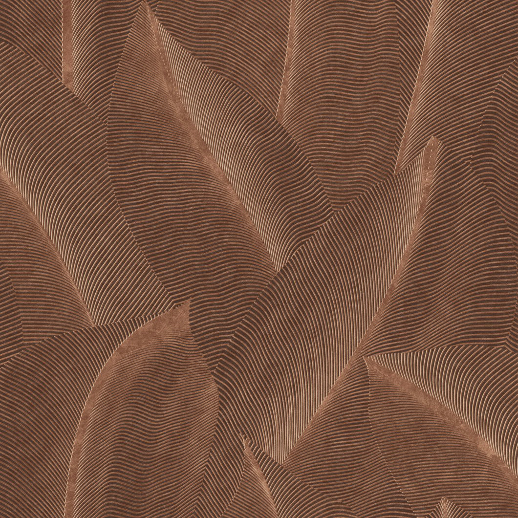 Allure Leaf Brown textured leaf pattern wallpaper roll and room scene
