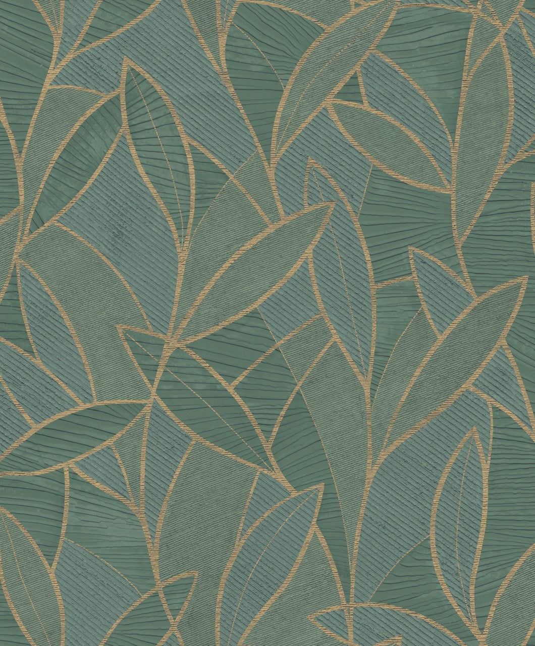 Carved Leaf Dark Moss textured metallic leaf wallpaper in green on a roll