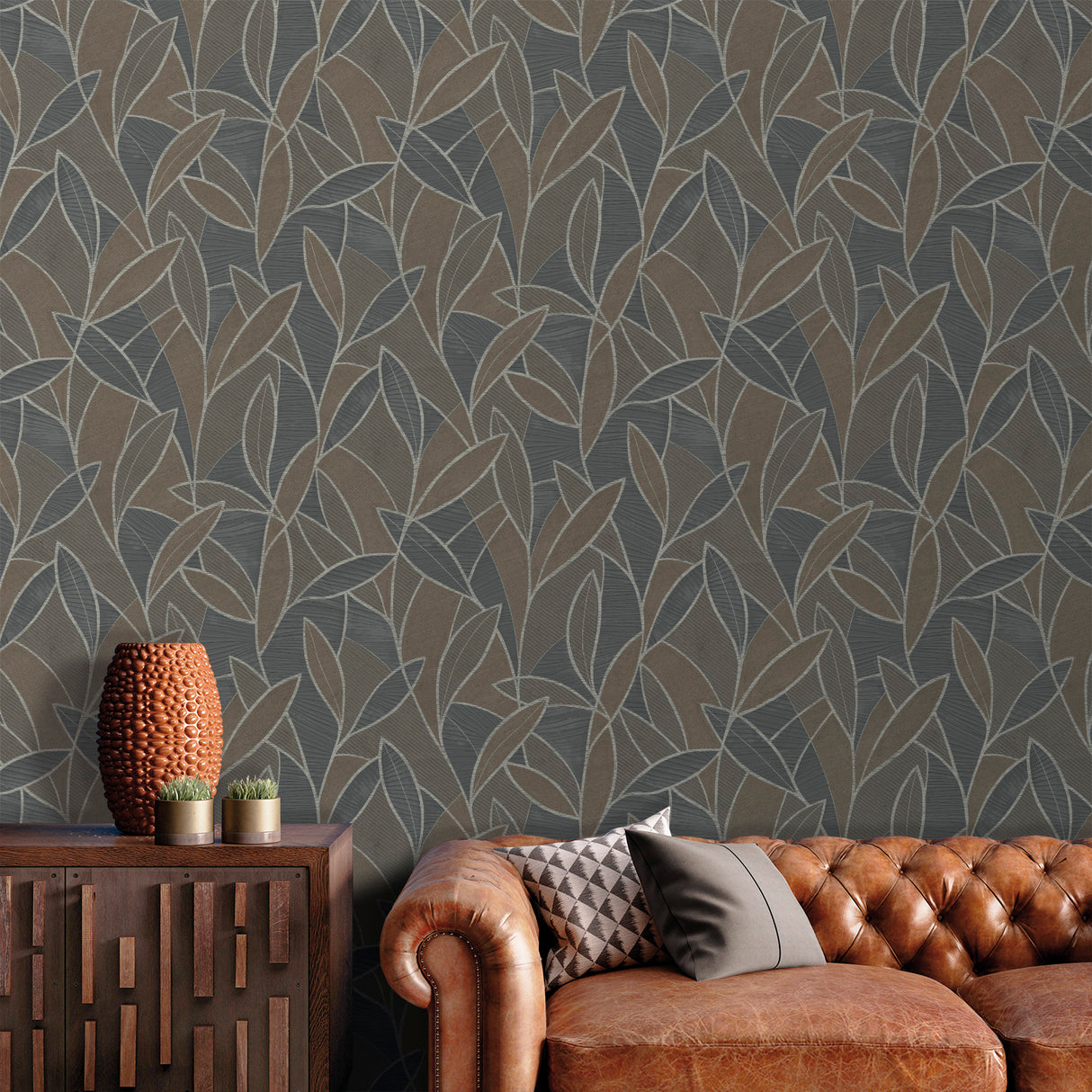 Carved Leaf Graphite by Veer Decor Embossed Metallic Nature Wallpaper – Veer Decor 8249-AC5