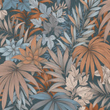 Allure Jungle Dark Blue tropical foliage wallpaper roll and room view