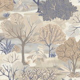 Allure Forest Beige textured non-woven wallpaper roll with layered tree motif