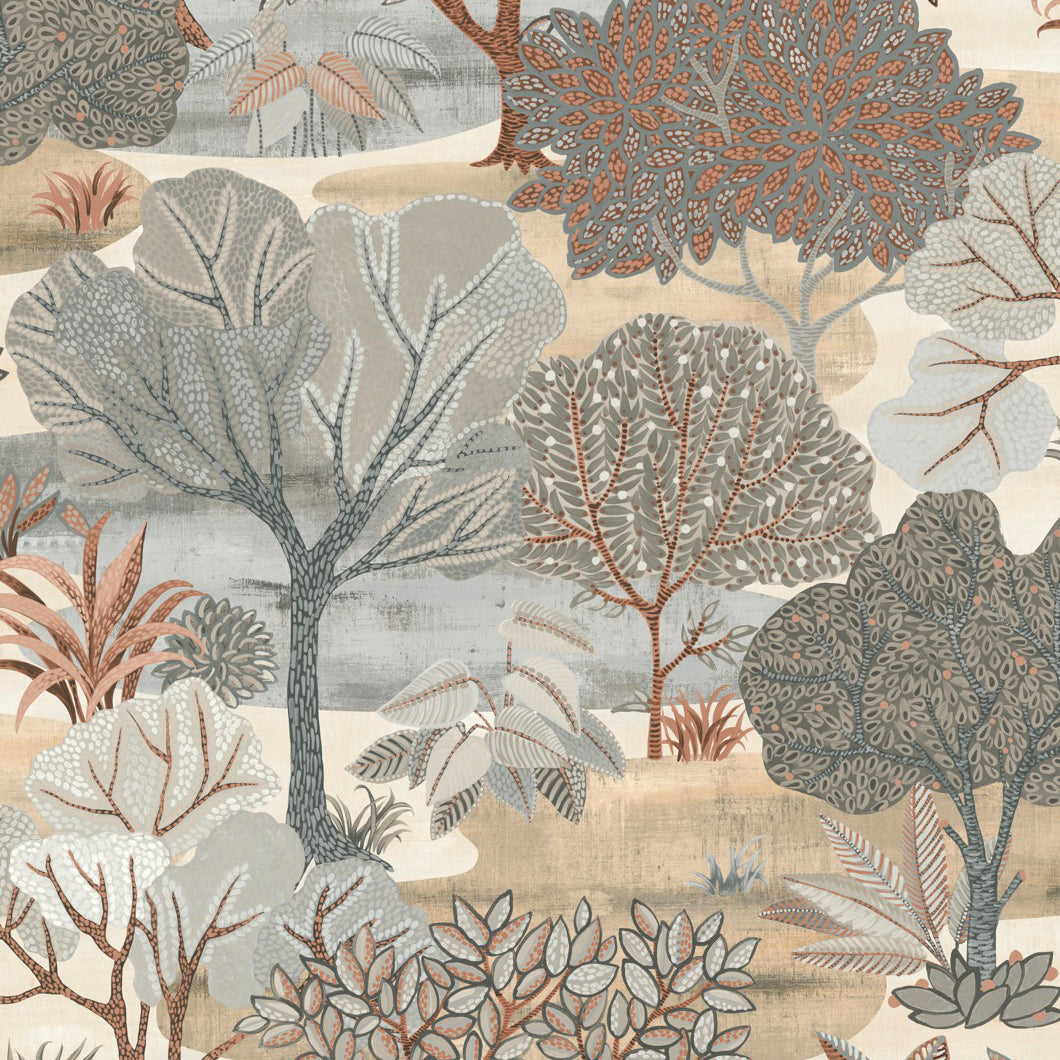 Allure Forest Taupe textured nature wallpaper roll showing forest trees in taupe and grey
