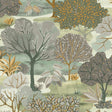 Allure Forest Moss wallpaper sample with green and grey illustrated trees and foliage.