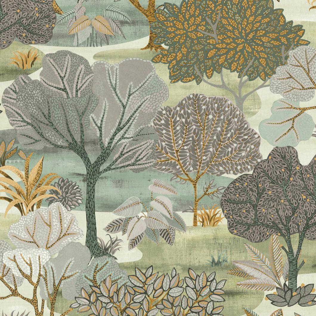Allure Forest Moss wallpaper sample with green and grey illustrated trees and foliage.