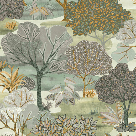 Allure Forest Moss wallpaper sample with green and grey illustrated trees and foliage.