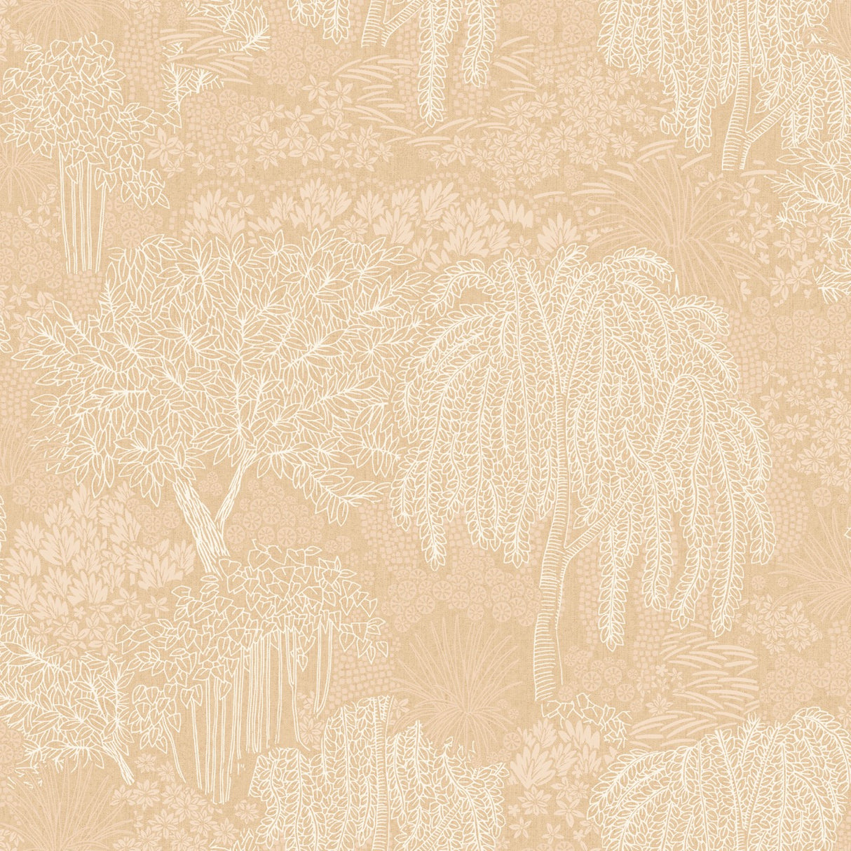 Willow Whisper Beige Wallpaper roll with hand-drawn willow trees and foliage in beige