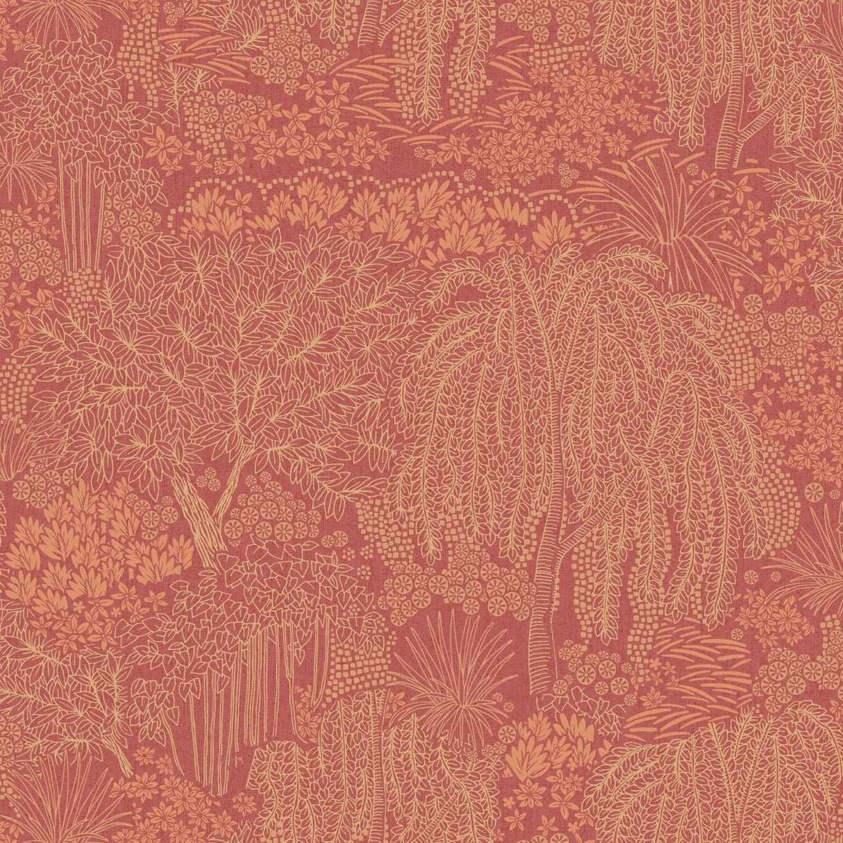 Willow Whisper Wine wallpaper roll showing botanical willow pattern in red with metallic highlights