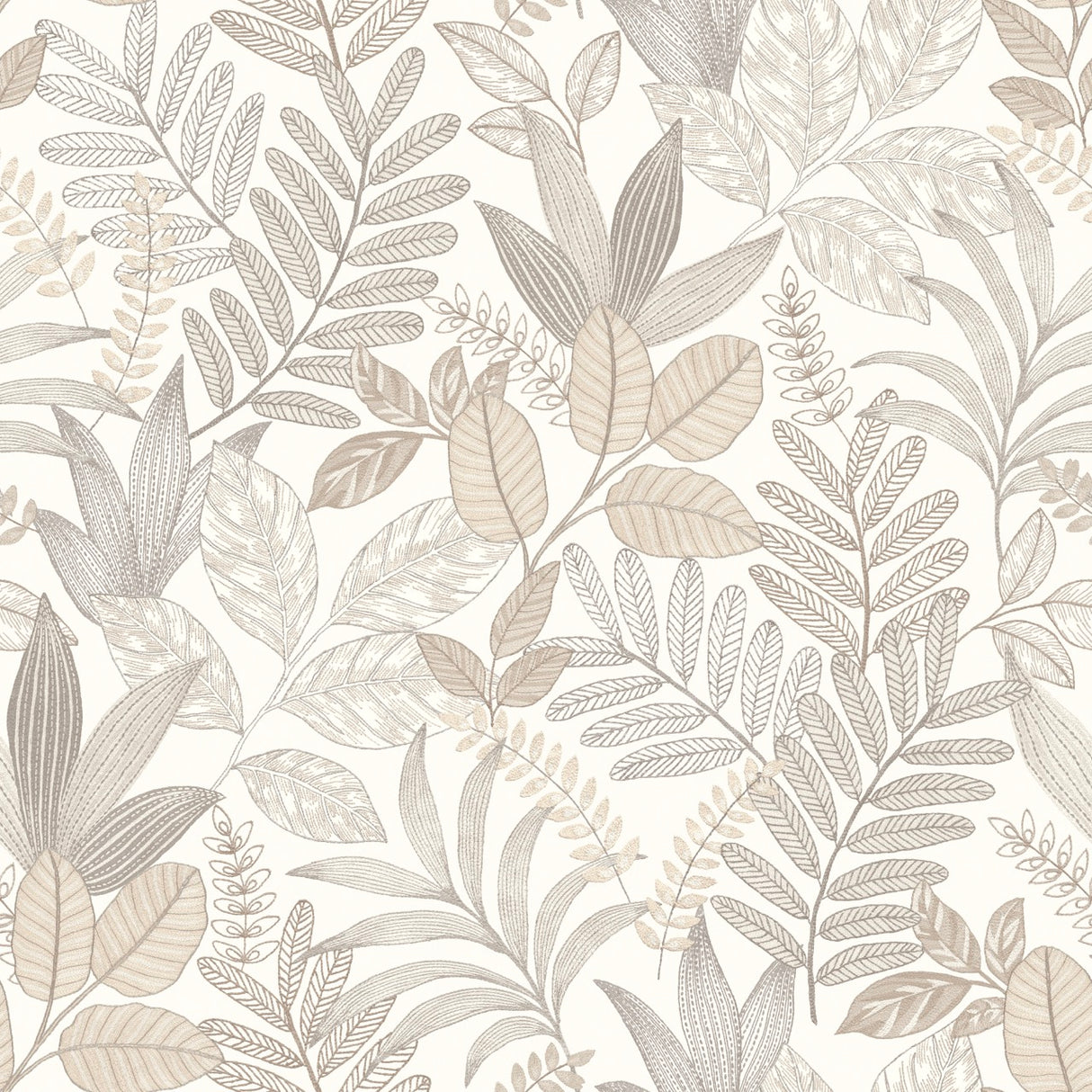Allure Foliage White botanical wallpaper roll and room scene