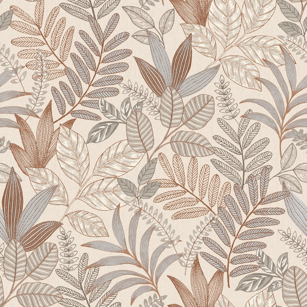 Allure Foliage Taupe embossed botanical wallpaper roll and room scene