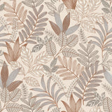 Allure Foliage Taupe embossed botanical wallpaper roll and room scene