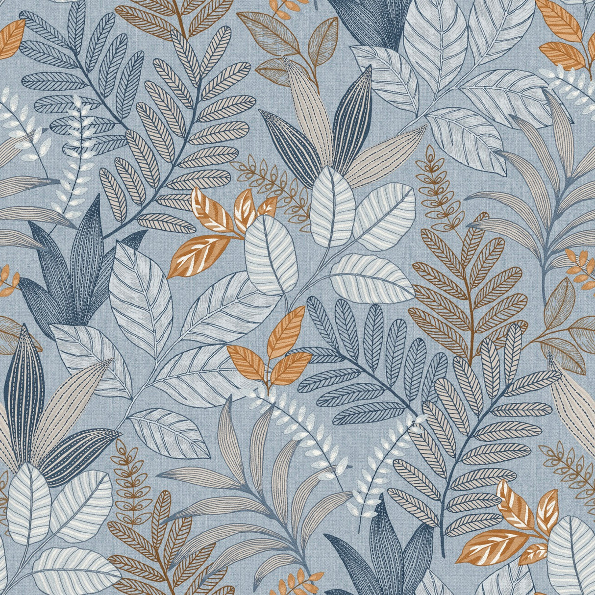 Allure Foliage Blue textured botanical leaf wallpaper roll and pattern