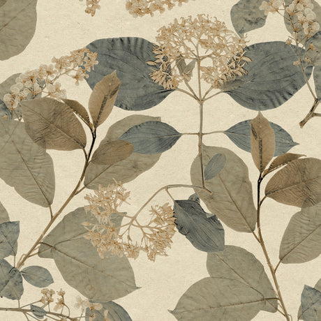 Castanum Bloom Blue Beige floral botanical wallpaper sample with textured pressed leaves and flowers