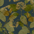 Castanum Bloom Midnight Blue floral wallpaper roll and room scene