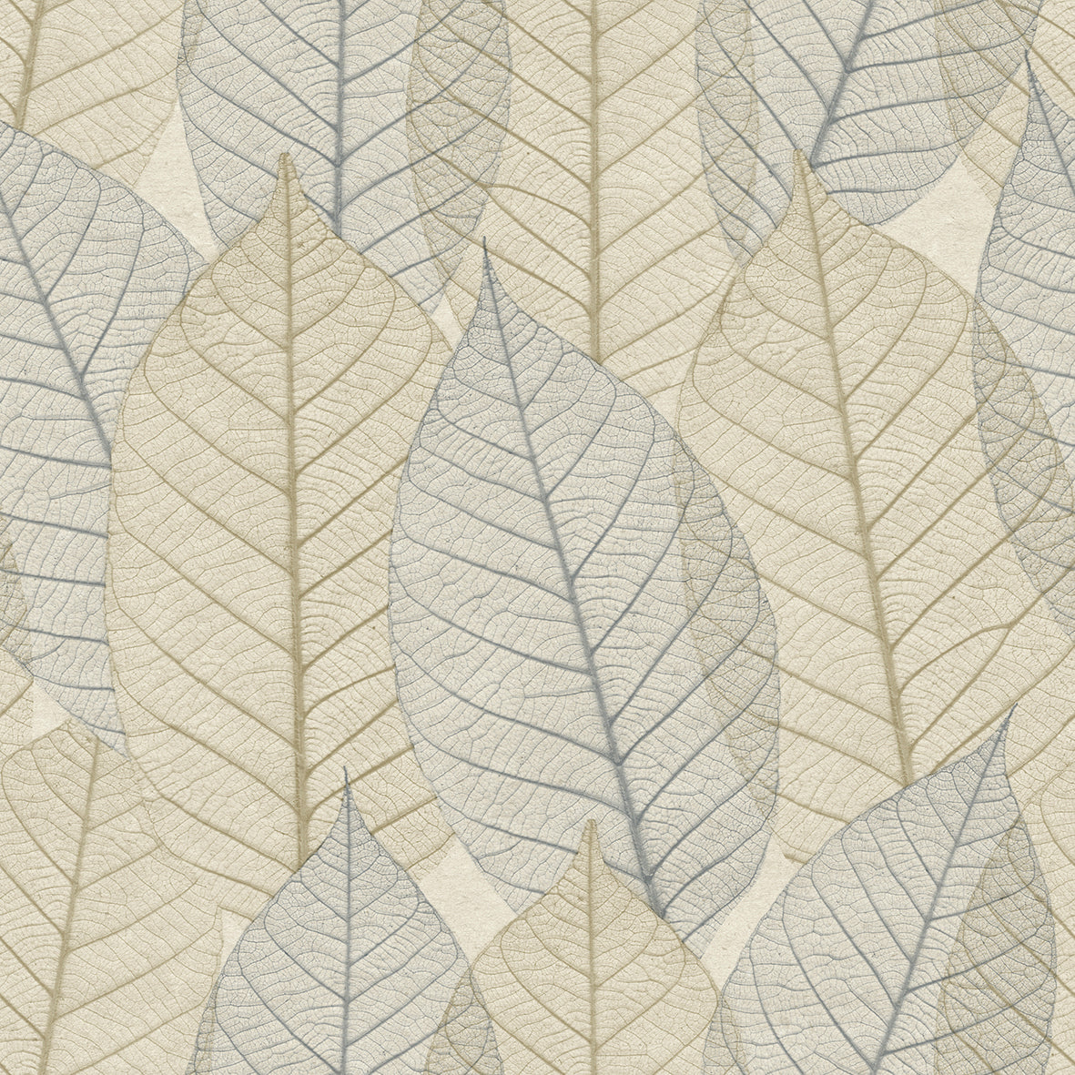 Leaf Lace Blue Beige wallpaper roll with skeletal leaf pattern