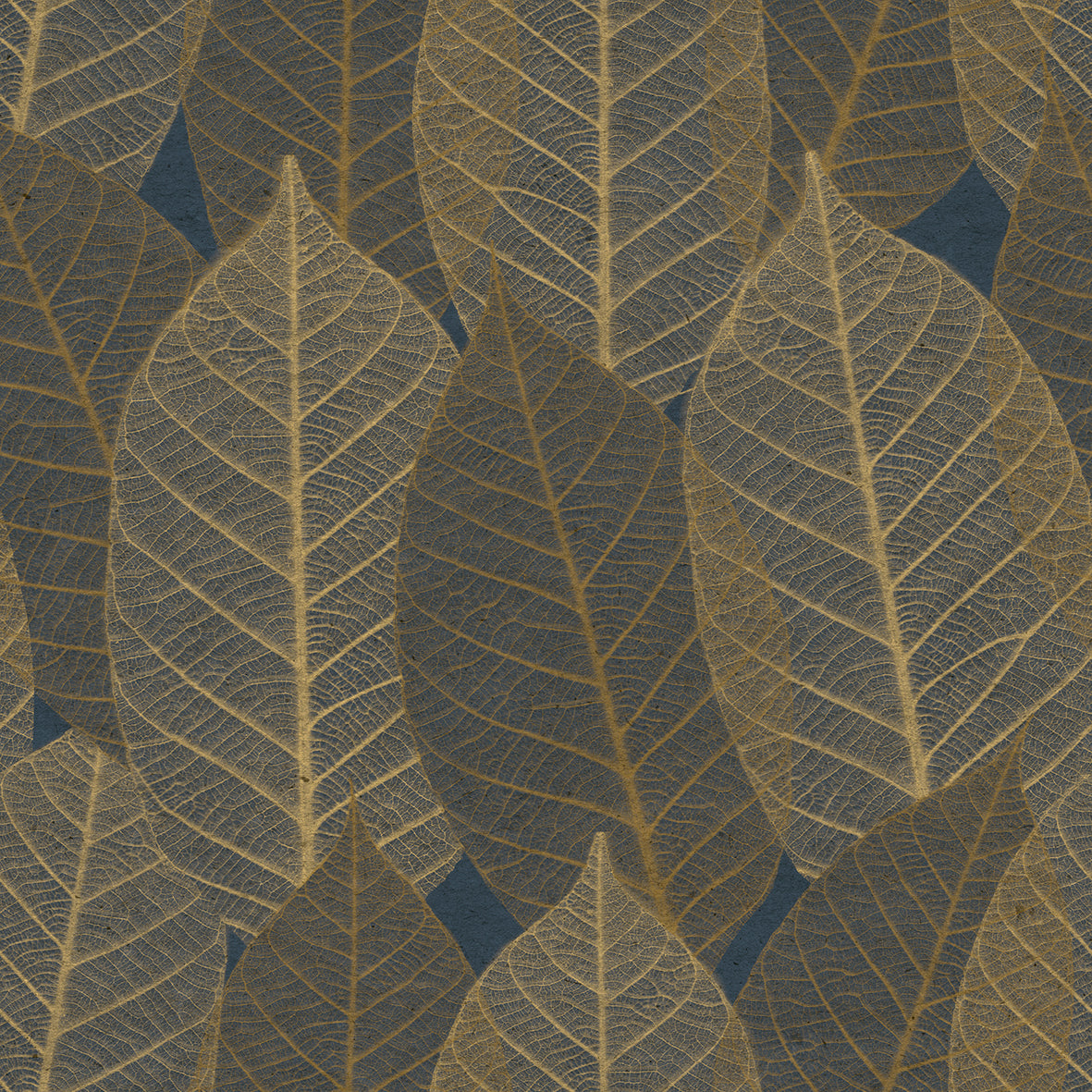Leaf Lace Midnight Blue botanical wallpaper roll with layered skeletal leaves pattern
