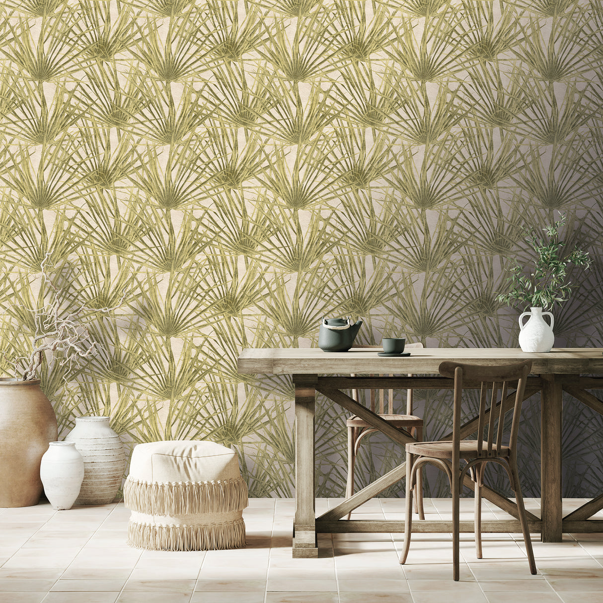 Palm Dusty Yellow by Veer Decor Tropical Wallpaper – Veer Decor 8250-AF2