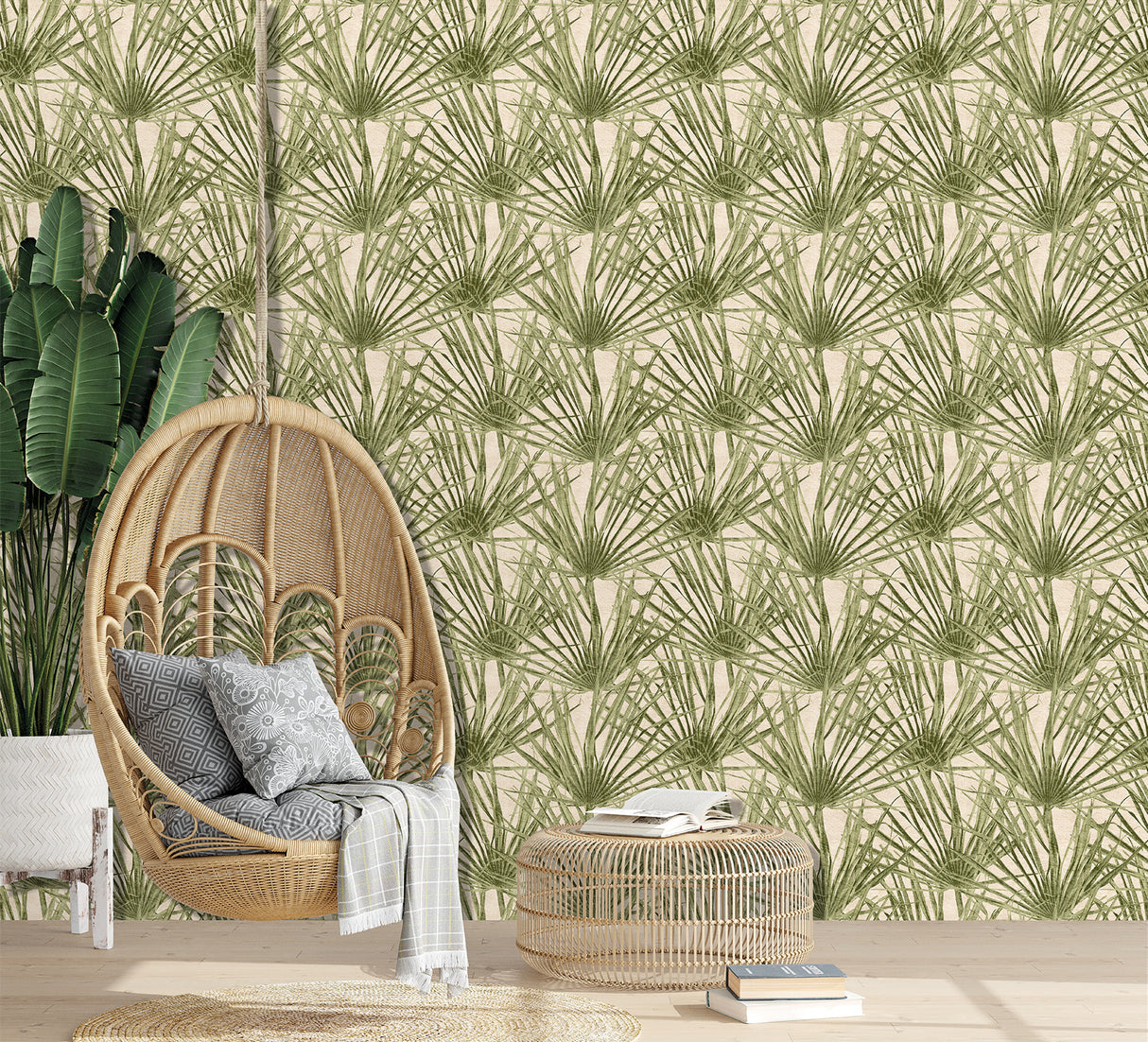 Palm Turtle Green by — Tropical Wallpaper – Veer Decor 8250-AF3
