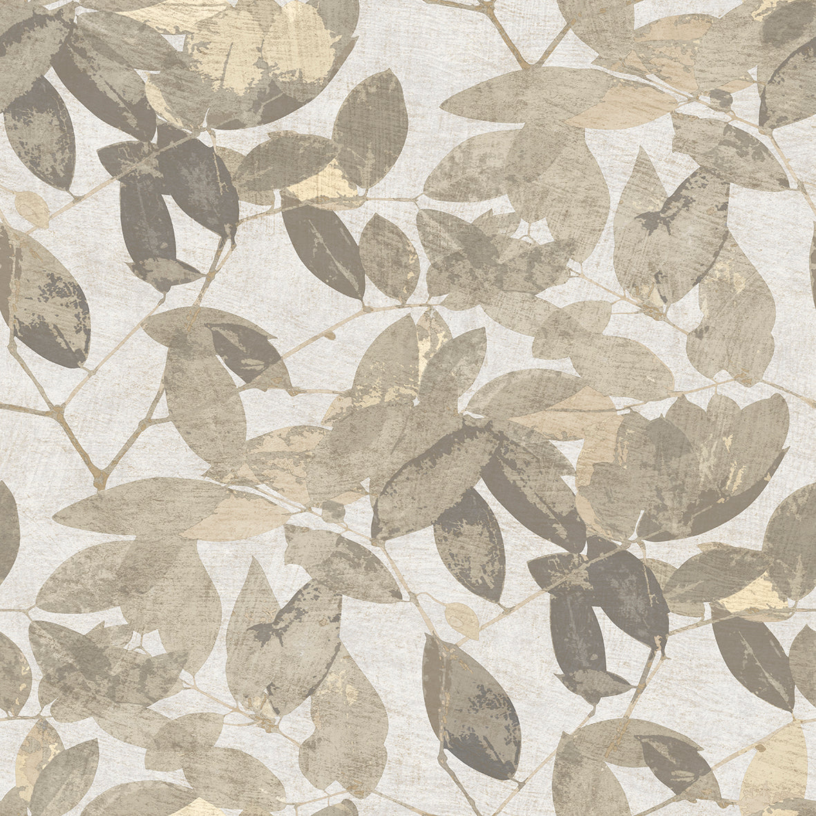 Beech Leaves Warm Taupe non-woven unpasted wallpaper roll with layered leaf pattern in taupe tones