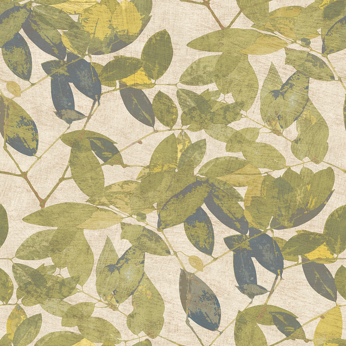 Beech Leaves Golden Green wallpaper roll showing layered leaf motif in green and blue tones