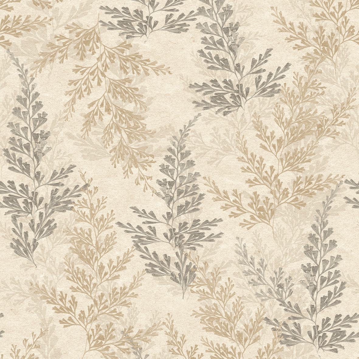 Wild Herbs Warm Beige botanical wallpaper roll with beige and gray sprigs