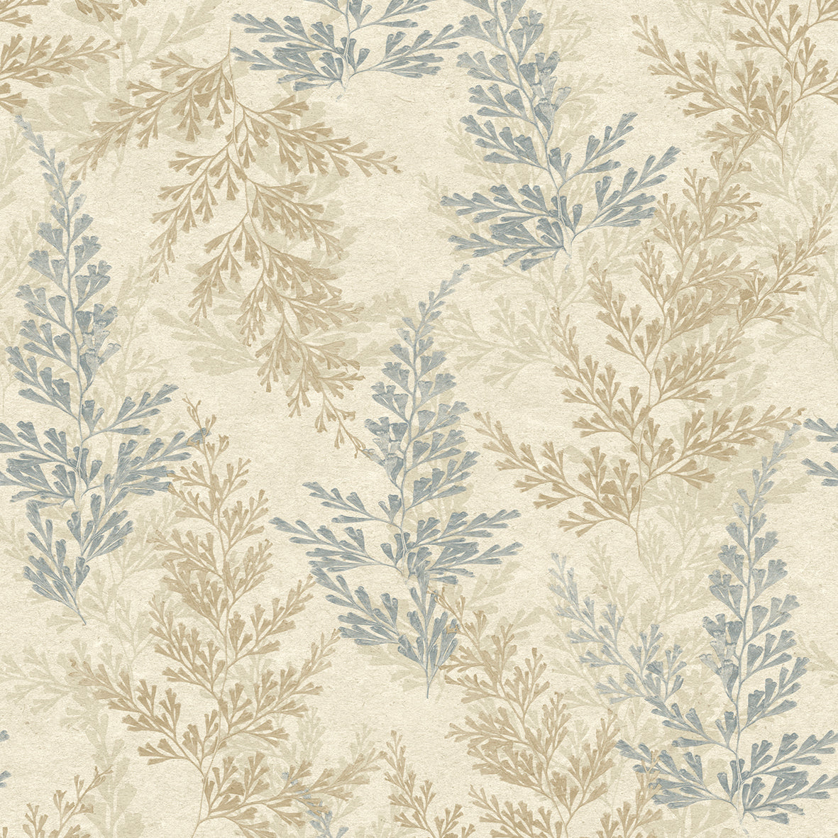 Wild Herbs Blue Beige wallpaper roll and room scene with botanical sprigs pattern