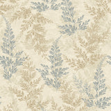 Wild Herbs Blue Beige wallpaper roll and room scene with botanical sprigs pattern