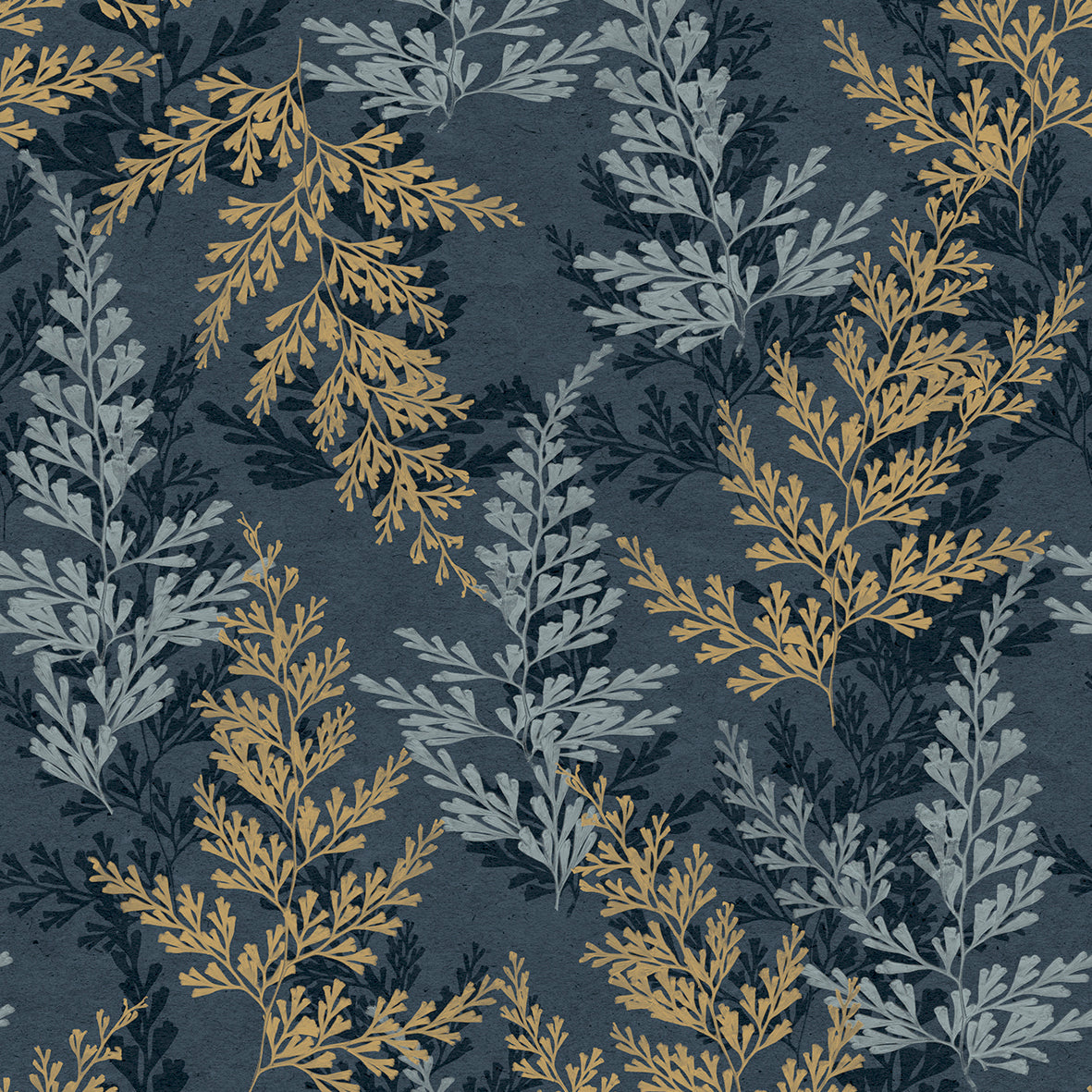 Wild Herbs Midnight Blue botanical wallpaper roll showing navy ground with layered herb sprigs pattern