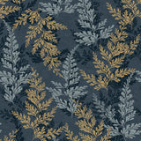 Wild Herbs Midnight Blue botanical wallpaper roll showing navy ground with layered herb sprigs pattern