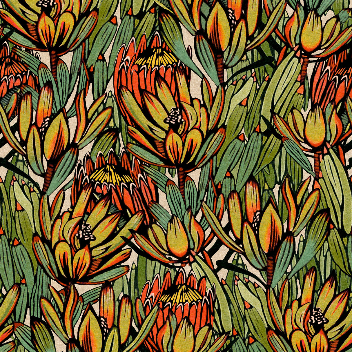 Copacabana Green and Orange floral tropical non-woven wallpaper roll and room scene
