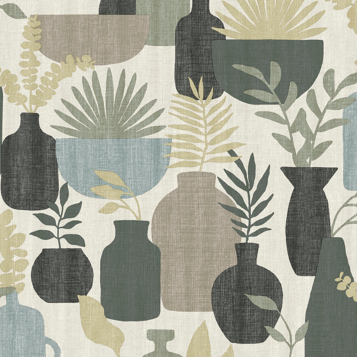 Botanica Clayworks White and Sage non-woven unpasted wallpaper roll with abstract vases and foliage