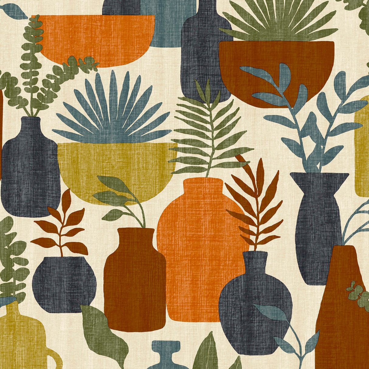 Botanica Clayworks Beige and Orange non-woven wallpaper with abstract pottery and foliage motif