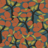 Janneiro Botanica blue and orange non-woven wallpaper with stylized leaves and branches