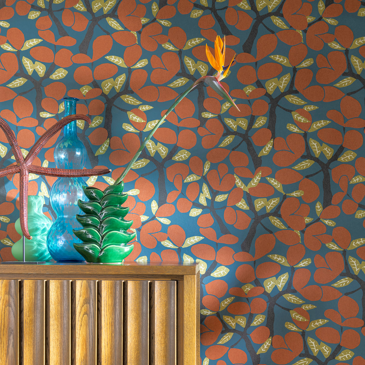 Janneiro Botanica Blue and Orange by Veer Decor Botanical Wallpaper – 8251-AF4