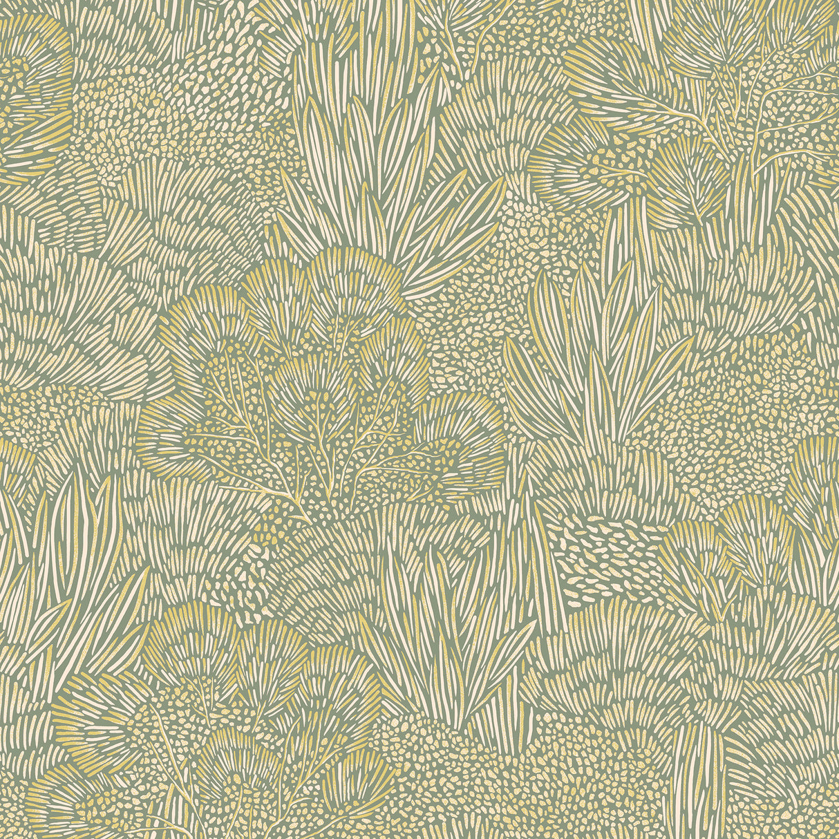 Samba Botanica green and gold botanical non-woven wallpaper roll and room view