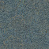 Samba Botanica Blue and Gold botanical non-woven wallpaper roll and pattern close-up