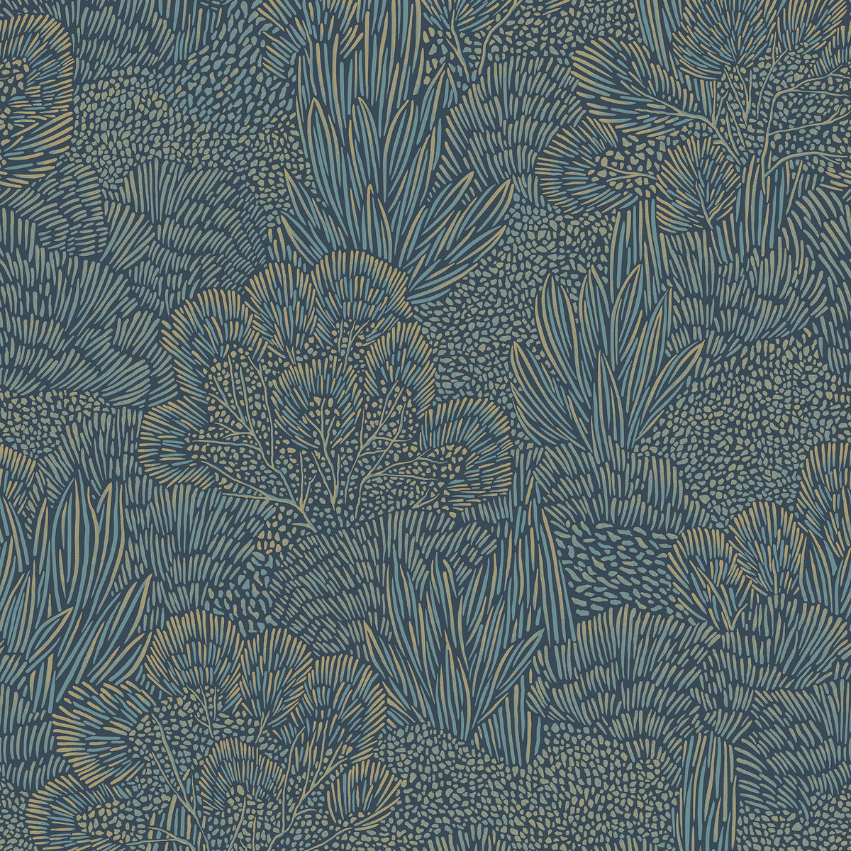 Samba Botanica Blue and Gold wallpaper sample featuring dynamic botanical linework in blue and gold.