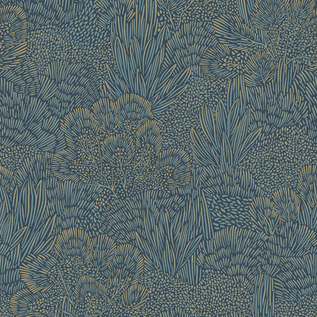 Samba Botanica Blue and Gold wallpaper sample featuring dynamic botanical linework in blue and gold.