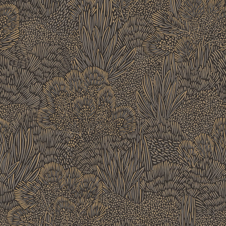 Samba Botanica Black and Gold botanical wallpaper sample with intricate foliage lines.