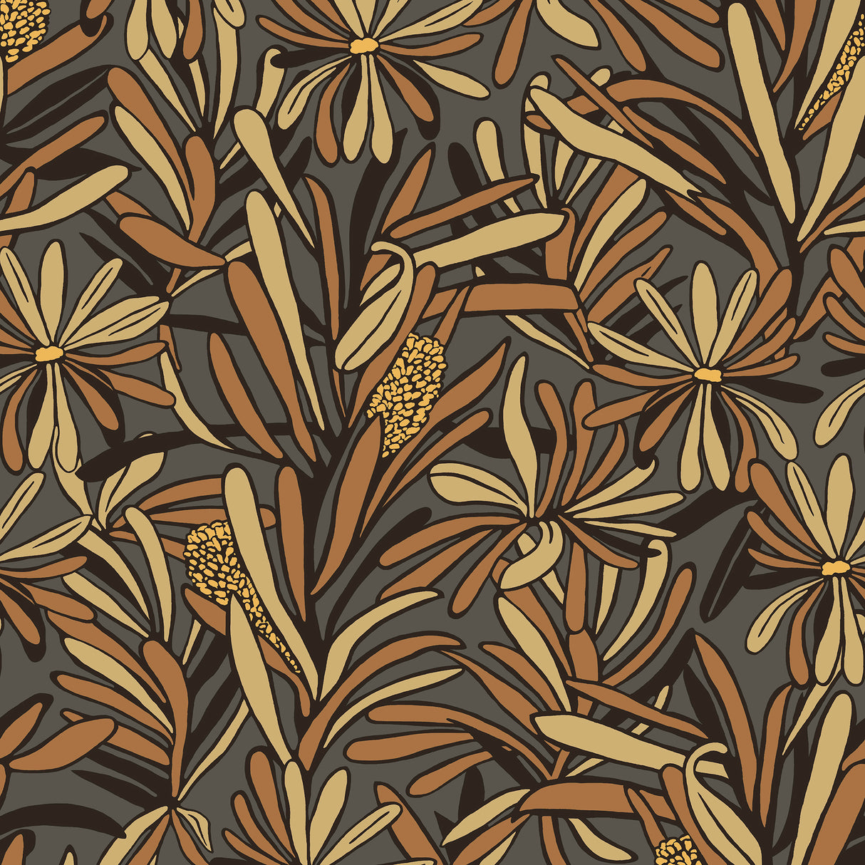Fandango Bloom Camel and Black floral wallpaper roll and room scene